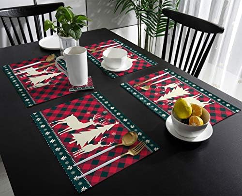 Christmas Trees Reindeer Elk Placemats Set of 4, Red Holiday Buffalo Checkered Plaid Cotton Line Stain Resistant Table Mats Washable Holidays Placemat Decoration For Kitchen Dining Table Farmhouse