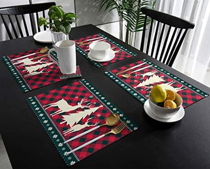 Christmas Trees Reindeer Elk Placemats Set of 4, Red Holiday Buffalo Checkered Plaid Cotton Line Stain Resistant Table Mats Washable Holidays Placemat Decoration For Kitchen Dining Table Farmhouse