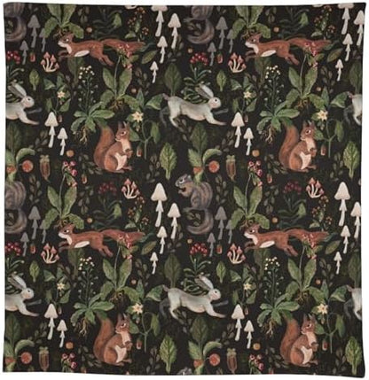 Cartoon Woodland Tablecloth, Watercolor Rustic Forest Wild Animals Bunny Rabbit Squirrel Mushroom Plants Print Table Cloth for Indoor Outdoor Dining Table Party Picnic Decor 55x55in