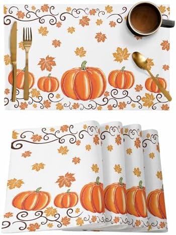 Fall Maple Leaves Placemats Set of 6, Thanksgiving Watercolor Pumpkins Heat Resistant Washable Table Place Mats Orange Cotton Table Linens Party Holiday Decor for Home Kitchen Dining Outdoor Indoor,