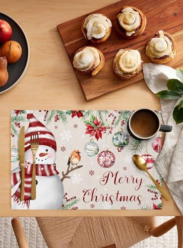 Merry Christmas Placemats Set of 6, Cotton Linen Snowman Table Mats Non-Slip Washable Snowflake Christmas Tree Balls Poinsettia Flower Retro Placemat for Holiday Banquet Dining Kitchen Table Decor