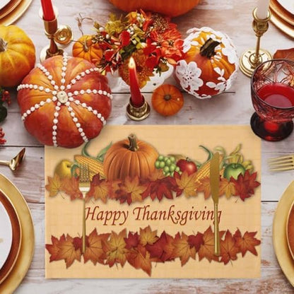Vandarllin Thanksgiving Holiday Placemats Set of 4, Fall Harvest Pumpkins Cotton Linen Stain Resistant Table Mats Washable Placemat Decoration for Kitchen Dining Table,Autumn