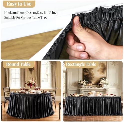 Wish Care 6ft Black Satin Table Skirt for Rectangle Tables Wrinkle Free Teacher Desk Skirt Glitter Ruffle Table Skirting Cloth for Back to School Classroom Office Dorm Birthday Party Table Decor