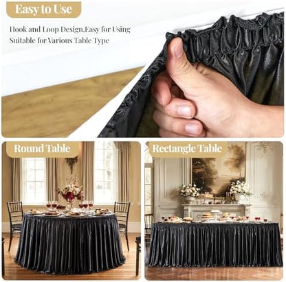 Wish Care 9ft Black Satin Table Skirt for Rectangle Tables Wrinkle Free Teacher Desk Skirt Glitter Ruffle Table Skirting Cloth for Back to School Classroom Office Dorm Birthday Party Table Decor
