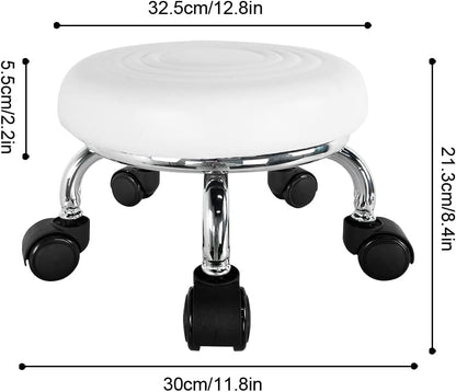 Modern PU Leather Low Round Rolling Stool - 360 Swivel with Universal Caster Wheels, Small Stool for Home Office, Garage, Shop, Fitness, Sport - H:8.4' White