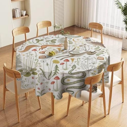 Country Forest Tablecloth, Wild Animal Hare Squirrel Owl Snake Snail Flowers Mushroom Table Cover for Tea Party Weddings Indoor Outdoor Dining, 36x36in