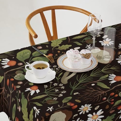 Wild Mushrooms Tablecloth, Rustic Chamomile Flowers Herbs Plants Retro Botanical Mushroom Natural Print Table Cover for Kitchen Dining Room Picnic Camping Indoor Outdoor 60x120in