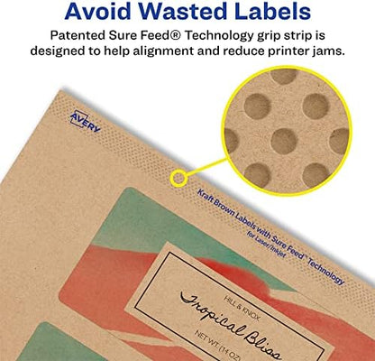 Avery® Kraft Brown Rectangle Labels, Sure Feed® Technology, 2" x 6", 200 Kraft Brown Labels, Print-to-The-Edge, Laser/Inkjet Printable