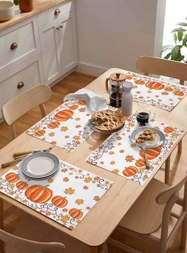 Fall Maple Leaves Placemats Set of 6, Thanksgiving Watercolor Pumpkins Heat Resistant Washable Table Place Mats Orange Cotton Table Linens Party Holiday Decor for Home Kitchen Dining Outdoor Indoor,