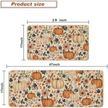 Baccessor Pumpkin Fall Kitchen Mats Set of 2, Vintage Kitchen Rugs for Floor Low-Profile Fall Thanksgiving Home Decor 17x29 and 17x47 Inch