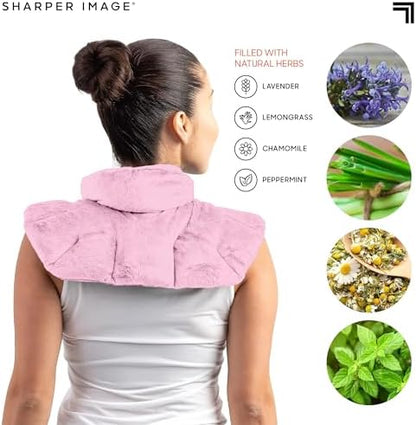 Sharper Image Heated Neck & Shoulder Wrap - Microwavable Warm & Cooling Plush Pad, Scented Aromatherapy (100% Natural Lavender & Herb Spa Blend), Pain Tension Headache Relief Therapy, Gift for Women