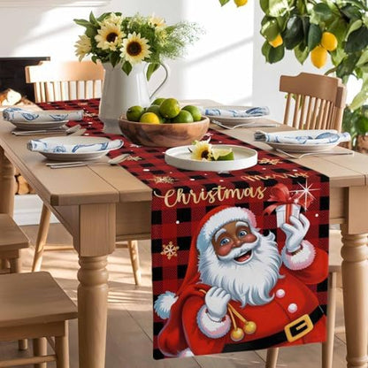 Black Santa Claus Table Runner Dresser Scarf 13 x 108 Inch Merry Christmas Snowflake Red Black Plaid Table Runners Non-Slip Heat Resistant Kitchen Dining Table Decor for Home Holidays Indoor Outdoor