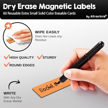 Attractivia Dry Erase Magnetic Labels 2.8 x 1.2 in, Solid Colors, Dry Erase Magnets, 60-Pack, Colored Erasable Write-On All-Purpose Labels, for Office, Education, Home, Whiteboard