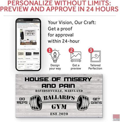 Tailored Canvases Personalized Gym Sign Wall Art Decor - Motivational Canvas for Home Gym, Workout Room, Garage, Fitness Center - Workout Inspirational Posters - House of Misery and Pain, White Wood 60x30in