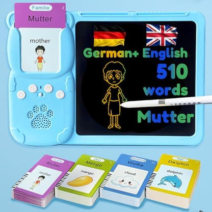 Writing Tablet with Bilingual Flash Cards for Kids, German, Blue