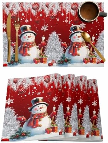 Christmas Red Placemats Set of 6, Cotton Linen Snowflake Cute Snowman Table Mats Non-Slip Washable Xmas Tree Red Christmas Balls Ornaments Placemat for Xmas Dining Kitchen Table Decor