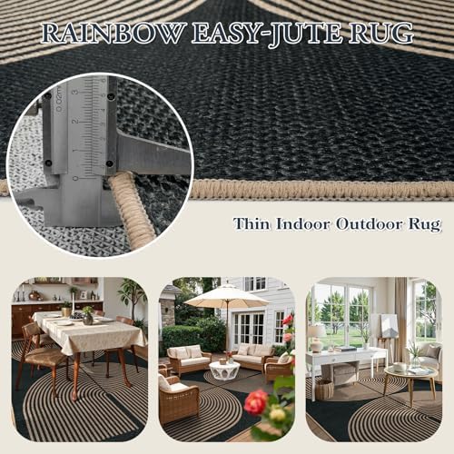 Lahome Modern Rainbow Easy Jute Outdoor Rug 6x9, Black Patio Classroom Rug