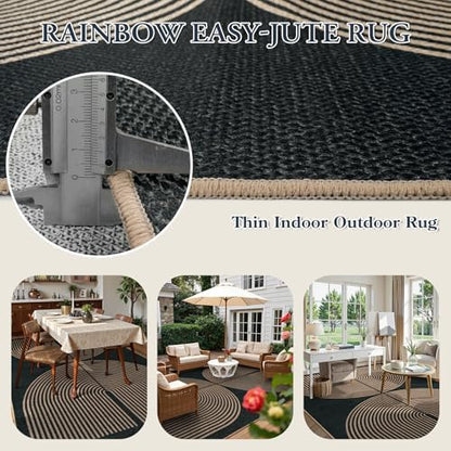 Lahome Modern Rainbow Easy Jute Outdoor Rug 6x9, Black Patio Classroom Rug