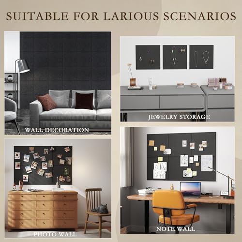 JBER Large Felt Bulletin Board 36" x 24", 6 Pack Felt Wall Tiles, Black