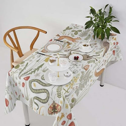 Country Forest Tablecloth, Wild Animal Hare Squirrel Owl Snake Snail Flowers Mushroom Table Cover for Tea Party Weddings Indoor Outdoor Dining 55x75in