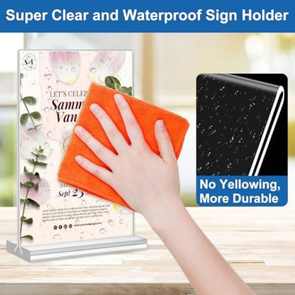 Acrylic Sign Holder 5.5 x 8.5, 10 Pack Double-Sided Stand up Table Top Clear Sign Holders, T Shape Plastic Acrylic Picture Frame Menu Flyer Paper Holder Display Stands for Office Store Wedding Party