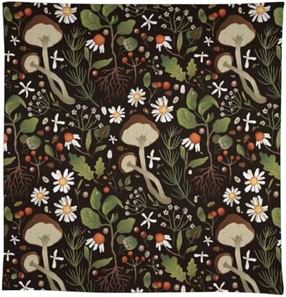 Wild Mushrooms Tablecloth, Rustic Chamomile Flowers Herbs Plants Retro Botanical Mushroom Natural Print Table Cover for Kitchen Dining Room Picnic Camping Indoor Outdoor 60x110in