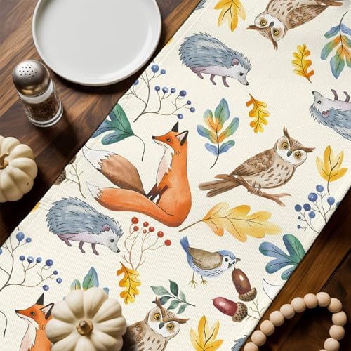 Fall Table Runner Autumn Animal Table Runners Harvest Thanksgiving Owl Bird Fox Leaves Cotton Linen Dresser Scarf Kitchen Dining Table Decor for Autumn Holiday Party Coffee 13x70 Inch