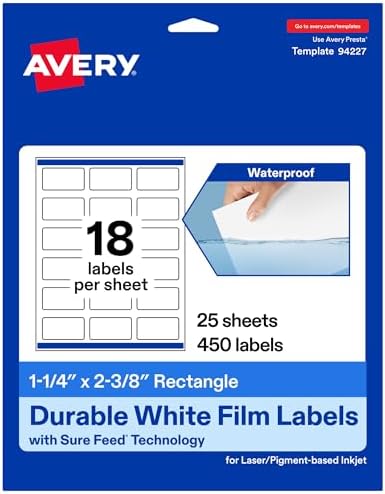 Avery® Printable Durable White Rectangle Labels, Sure Feed® Technology, 1-1/4" x 2-3/8", Print-to-the-Edge, Waterproof Labels, Laser & Pigment-Based Inkjet Compatible, 450 Total