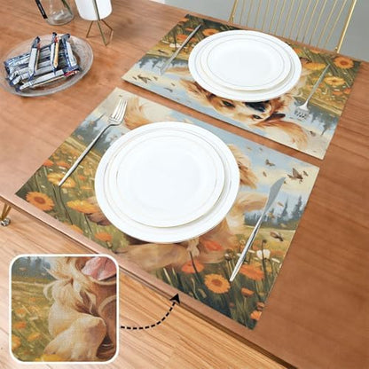 ALAZA Happy Golden Retriever in Flower Field Set of 4 Placemats Rectangle Table Mat for Dining Table Restaurant Kitchen Home Decor, 12" x 18"
