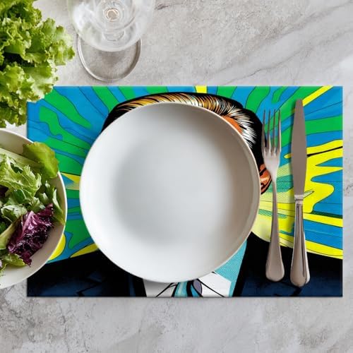 Batmerry American Election Man Linen Placemats Set of 8, Yellow Hair Suit Green Background Washable Table Mats for Kitchen Table Thickened Heat Insulation Dining Set Indoor Outdoor 12X18 in