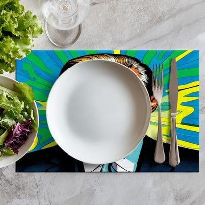 Batmerry American Election Man Linen Placemats Set of 8, Yellow Hair Suit Green Background Washable Table Mats for Kitchen Table Thickened Heat Insulation Dining Set Indoor Outdoor 12X18 in