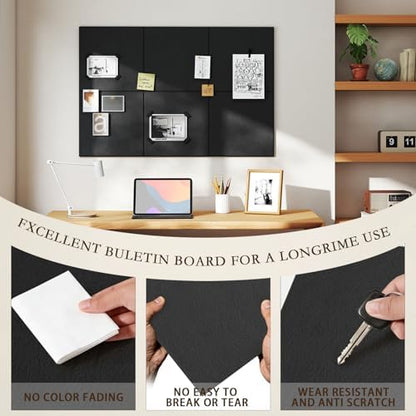 JBER Large Felt Bulletin Board 36" x 24", 6 Pack Felt Wall Tiles, Black