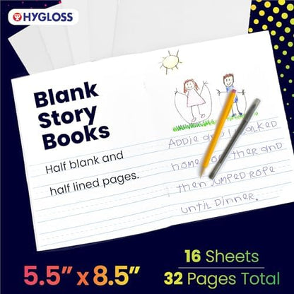 Hygloss Half Blank Books for Kids to Write Stories & Illustrate – Bulk 6 Pack – 5.5" x 8.5" A5 – Primary Journal for Grades K-2, Preschool/Kindergarten Notebook with Picture Space – 24 Pages, White
