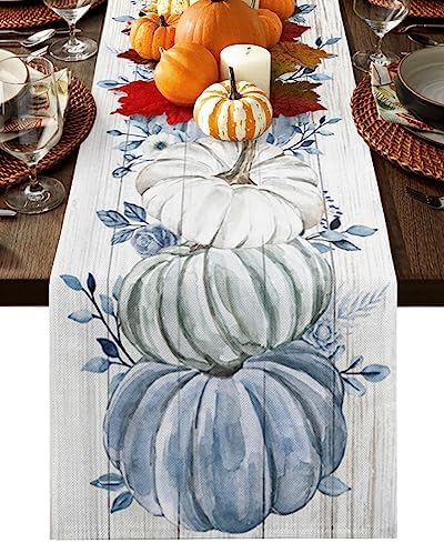 Fall Table Runner Blue Pumpkin Table Runners Harvest Thanksgiving White Blue Pumpkins Wooden Cotton Linen Dresser Scarf Kitchen Dining Table Decor for Autumn Holiday Party Coffee 13x90 Inch