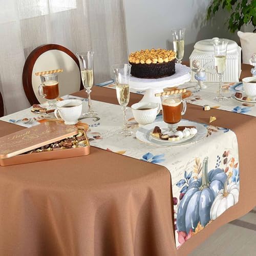 Fall Pumpkin Table Runner Dresser Scarf 13 x 108 Inch Blue Orange Maple Leaf Rustic Table Runners Non-Slip Heat Resistant Kitchen Dining Table Decor for Autumn Thanksgiving Holidays Indoor Outdoor