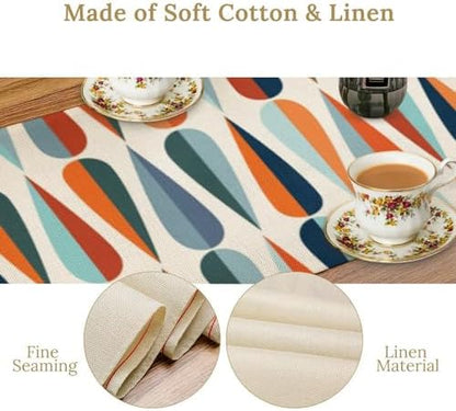 Mid Century Modern Table Runner Retro Blue Orange Grey Water Droplets Geometric Table Runner for Kitchen Dining Room Dining Table Decoration 13x120in