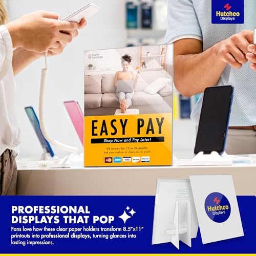 Paper Sign Holder (11 x 17 Inches) Plastic Countertop Display w/Shatterproof (No Acrylic) Clear Design & Cardboard Easel Back Tabletop Slant Support for Stackable Lightweight Portable by Hutchco