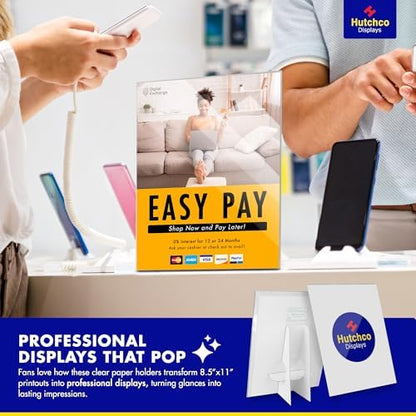 Paper Sign Holder (11 x 17 Inches) Plastic Countertop Display w/Shatterproof (No Acrylic) Clear Design & Cardboard Easel Back Tabletop Slant Support for Stackable Lightweight Portable by Hutchco