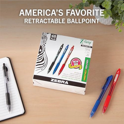 Zebra Pen Z-Grip Retractable Ballpoint Pen, Black, Blue, Red, 1.0mm, 48-Pk