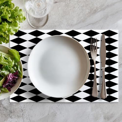 Batmerry Black White Diamond Linen Placemats Set of 8, Art Black and White Harlequin Washable Table Mats for Kitchen Table Thickened Heat Insulation Dining Set Indoor Outdoor 12X18 in