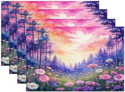 Batmerry Forest Flowers Sunset Placemats, Beautiful Forest Sunset Scene Washable Linen Table Mats for Kitchen Table Double Insulation Decor Dining Set Indoor Outdoor 12X18 in Set of 4