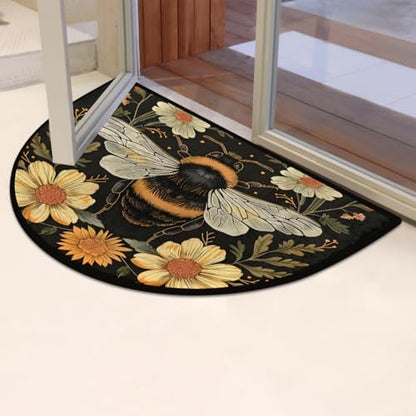 Half Round Door Mat Bee Flower Animal Non Slip Washable Semi Circle Area Rug Absorbent Soft Half Moon Rug Floor Mat for Indoor Outdoor Kitchen Bathroom Patio Front Door Mat Decor