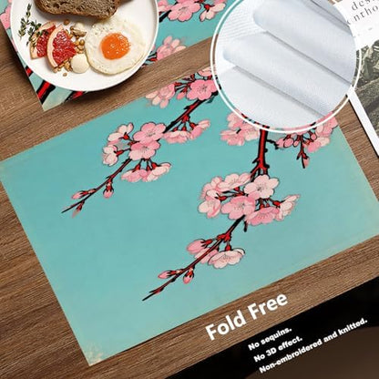 Batmerry Shabby Chic Cherry Blossom Linen Placemats Set of 8, Artistic Floral Illustration Washable Table Mats for Kitchen Table Thickened Heat Insulation Dining Set Indoor Outdoor 12X18 in