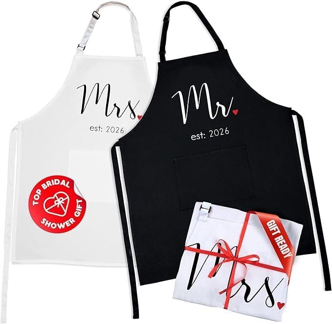 Prazoli Products Couples Aprons, Mr. & Mrs. Est: 2026 Black & White