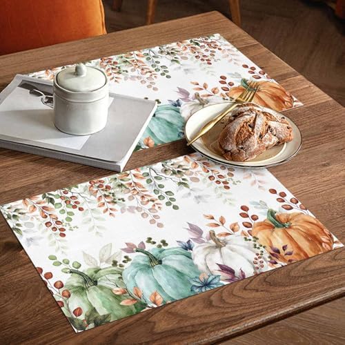 Fall Thanksgiving Placemats Set of 6, Autumn Pumpkins Eucalyptus Leaves Heat Resistant Washable Dining Table Mats Fall Holiday Farmhouse Decor for Kitchen&Linens Outdoor Indoor, Blue Sage Green Orange