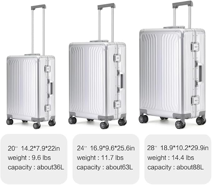 Metal all aluminum carry-on suitcase 20 "hard face, TSA lock and rotating wheel zippered luggage set (silvery, 20 '')