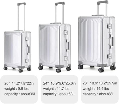 Metal all aluminum carry-on suitcase 20 "hard face, TSA lock and rotating wheel zippered luggage set (black, 2Piece(20/28))