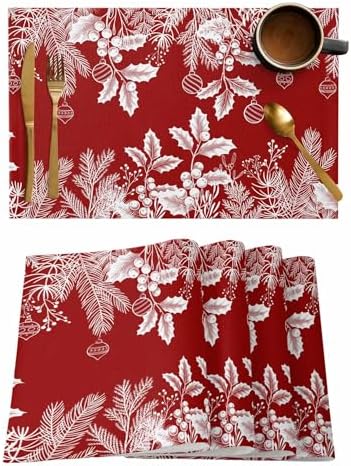 Red Christmas Placemats Set of 6, Floral Pine Leaf Xmas Balls Heat Resistant Washable Table Place Mats White Winter Holidays Cotton Table Linens Party Holiday Decor for Kitchen Dining Outdoor Indoor