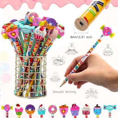Kosiz 300 Piece Happy Birthday Pencil Party Favor Set, 150 Birthday Pencils with 150 Cake Eraser Toppers, Bulk Game Rewards Prize, Goodie Bag Stuffers, Party Supplies