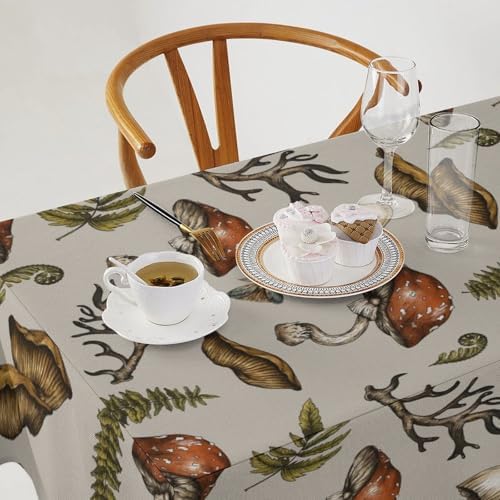 Vintage Woodland Mushroom Tablecloth, Nature Forest Plants Botanical Ferns Print Table Cloth for Farmhouse Kitchen Party Picnic Dinner Decor 60x120in